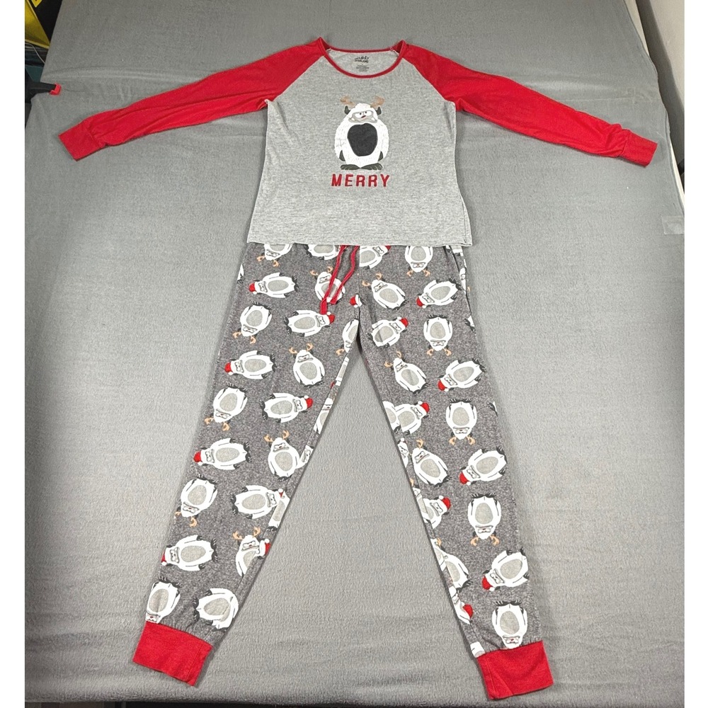 Holiday Fam Jams Christmas Pajama Set Yeti Merry Red Gray 2-Piece PJs M